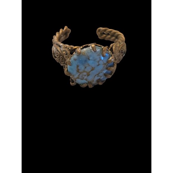 Vintage Bronze Adjustable Ring With Turquoise Stone & Ornate Scrollwork Design - Picture 1 of 5
